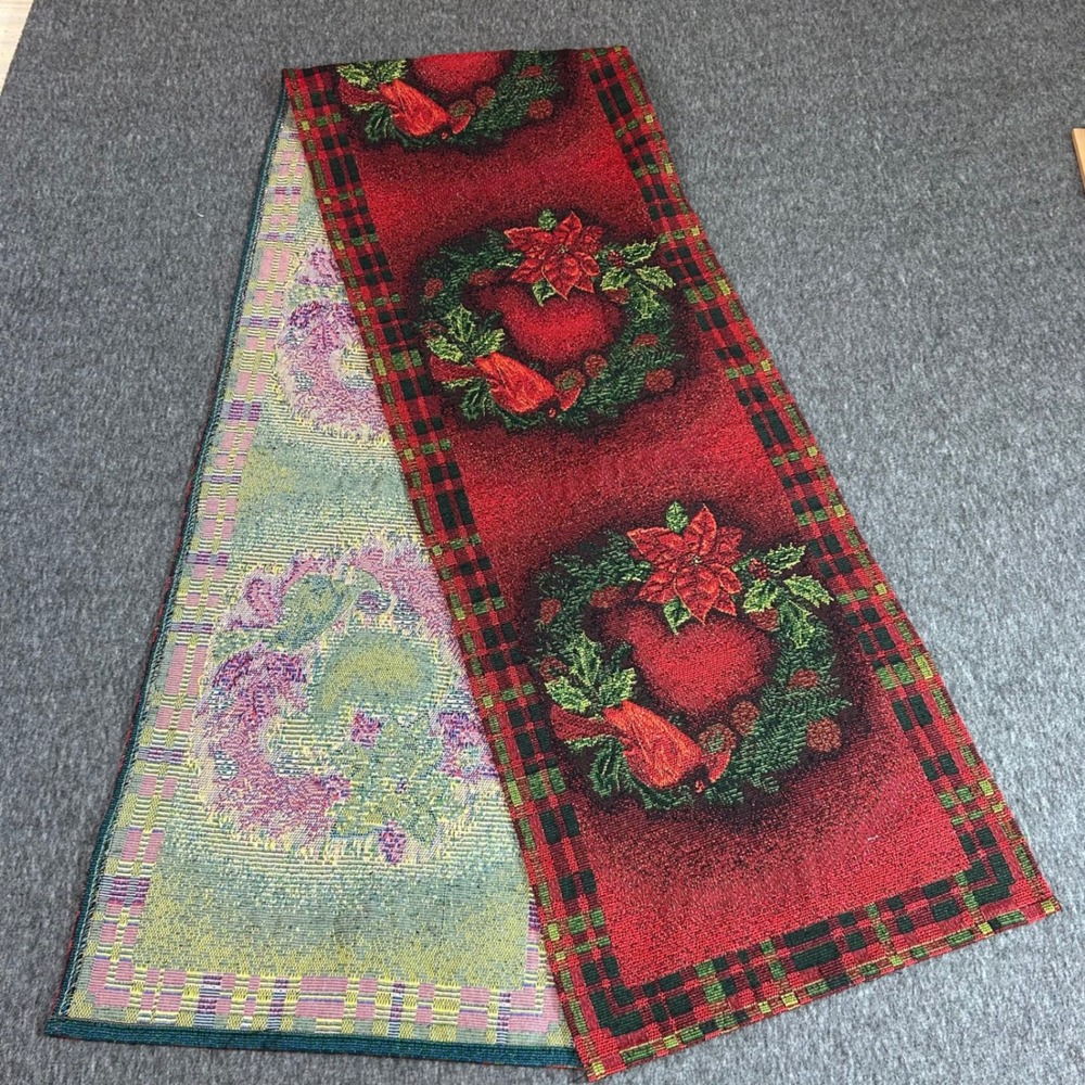 Christmas Woven Tapestry Table Runner Red Poinsettia Wreath Cardinal Plaid 70x13